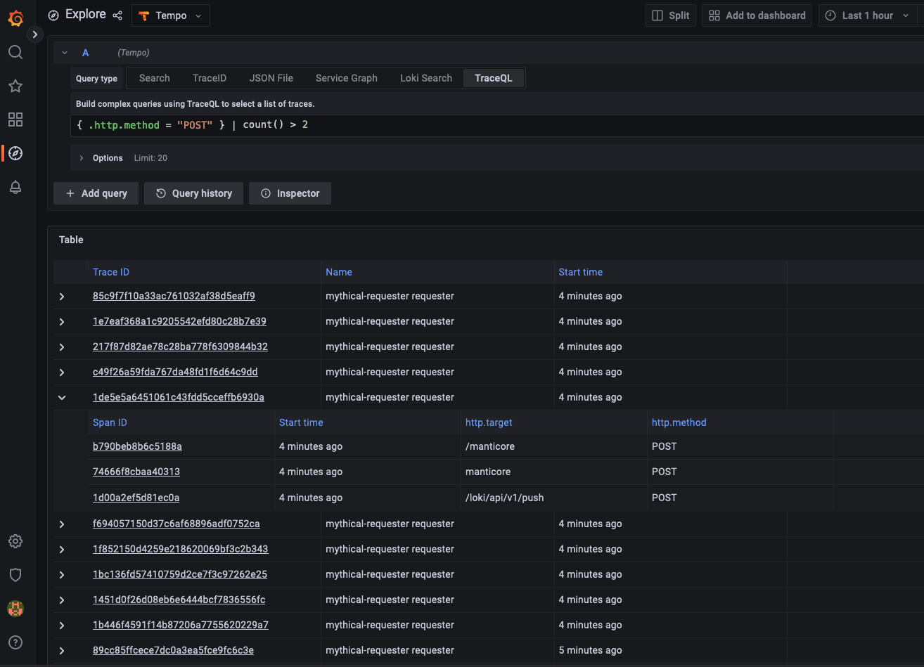 Query editor showing request for http.method