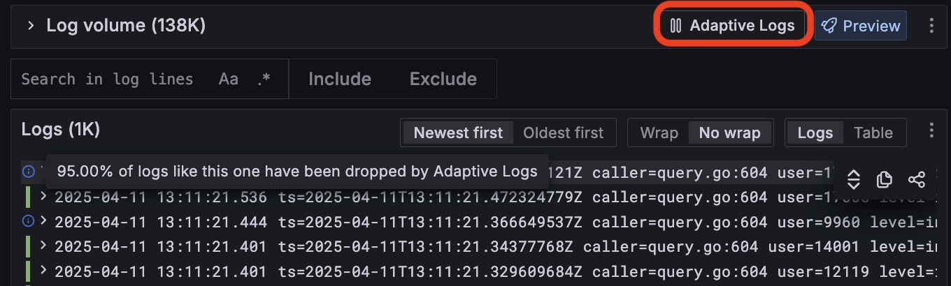 Users can click *pause adaptive logs* to temporarily ingest all of their logs Users can click *pause adaptive logs* to temporarily ingest all of their logs