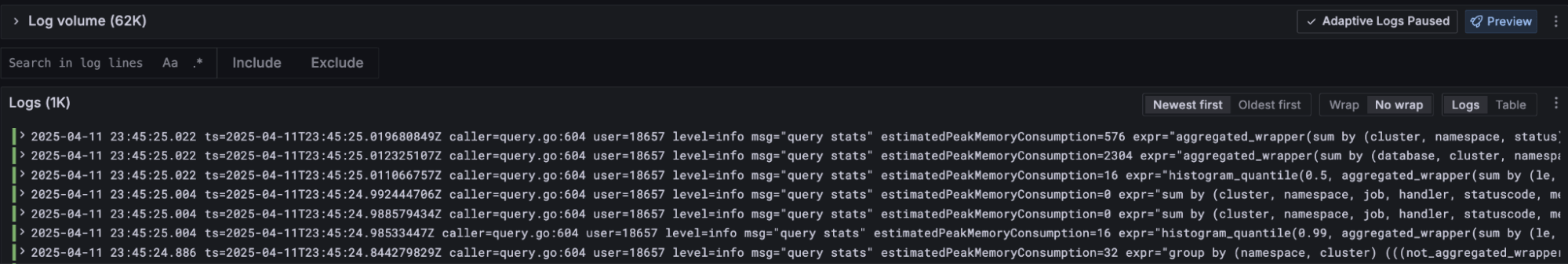 Adaptive Logs Paused enabled