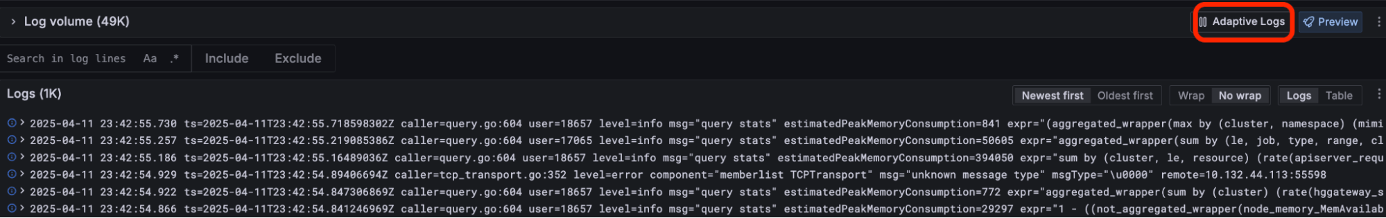 Log volume with the Adaptive Logs button highlighted