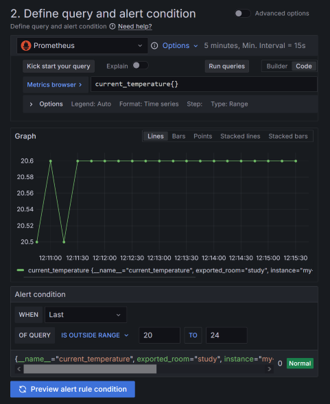 *A preview of an alert rule condition.* A screenshot of how to preview an alert rule condition.