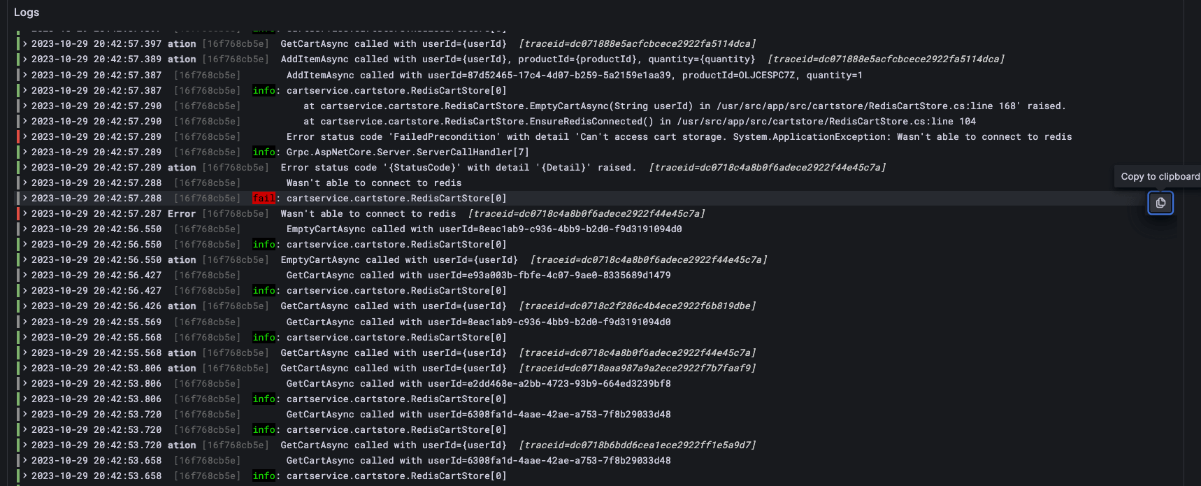 A screenshot of a logs view.