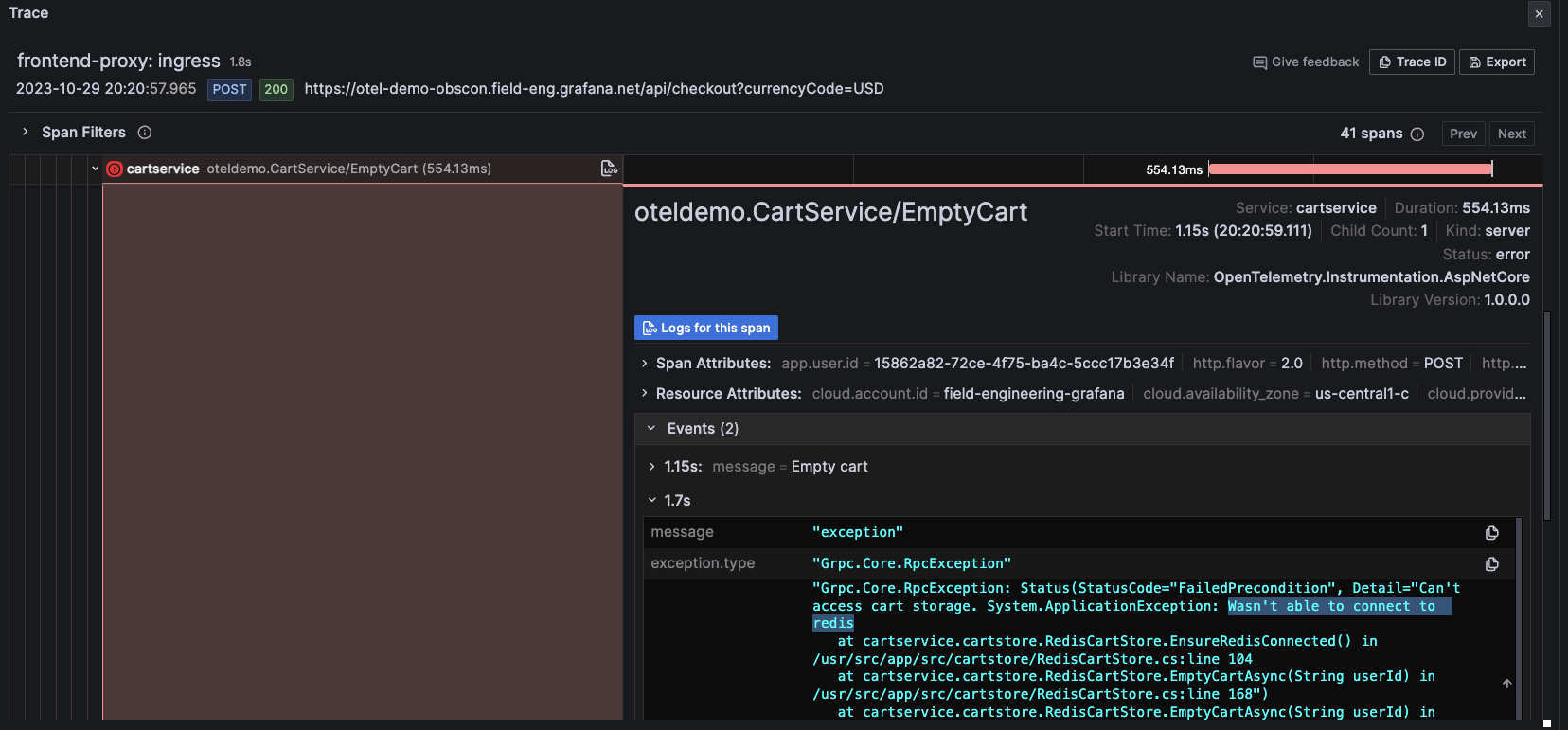 A screenshot of the distributed trace span view.