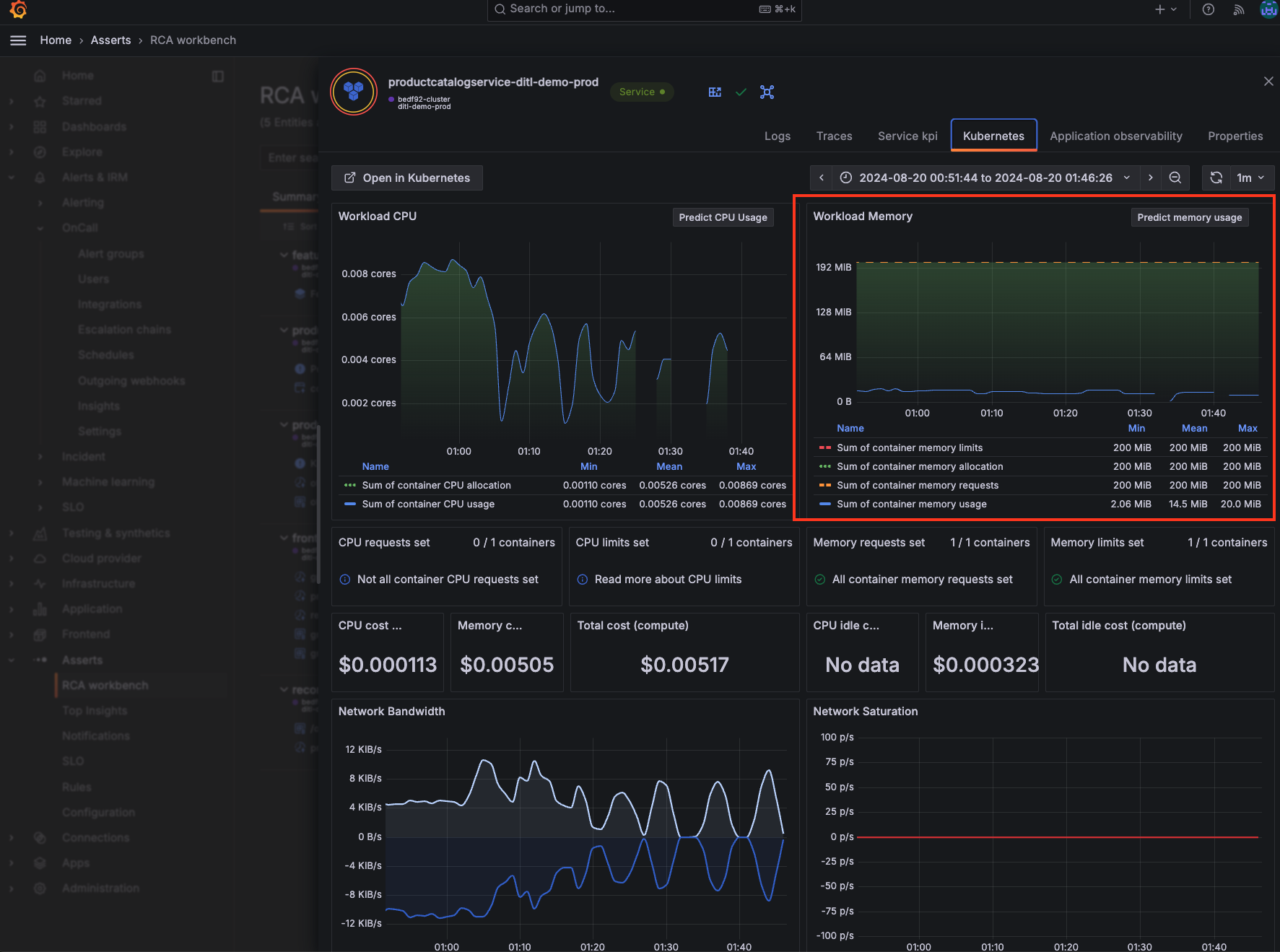 The Kubernetes dashboard, powered by Grafana Cloud Kubernetes Monitoring, confirms the workload is not exceeding its memory limits. Kubernetes Monitoring dashboard in Grafana Cloud with Asserts