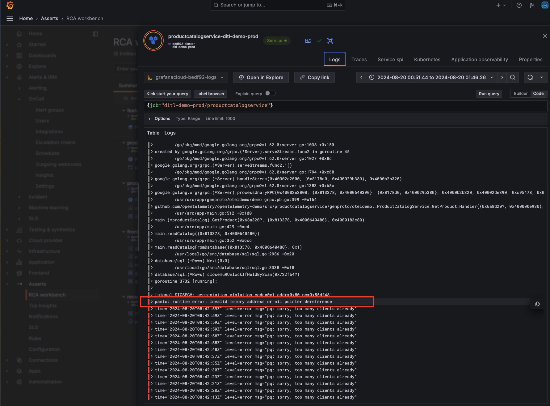 The logs for the product catalog service indicate a null pointer exception. Log lines for example product service using Asserts and Grafana Cloud