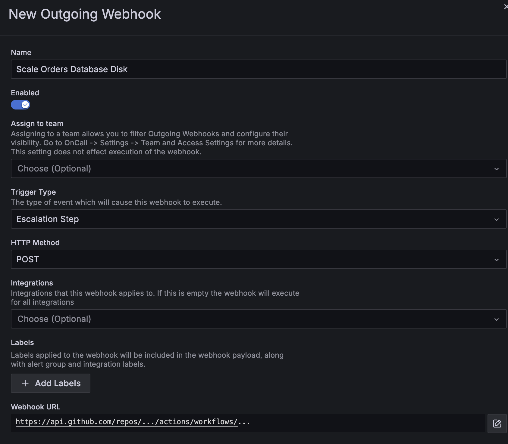 New outgoing webhook menu