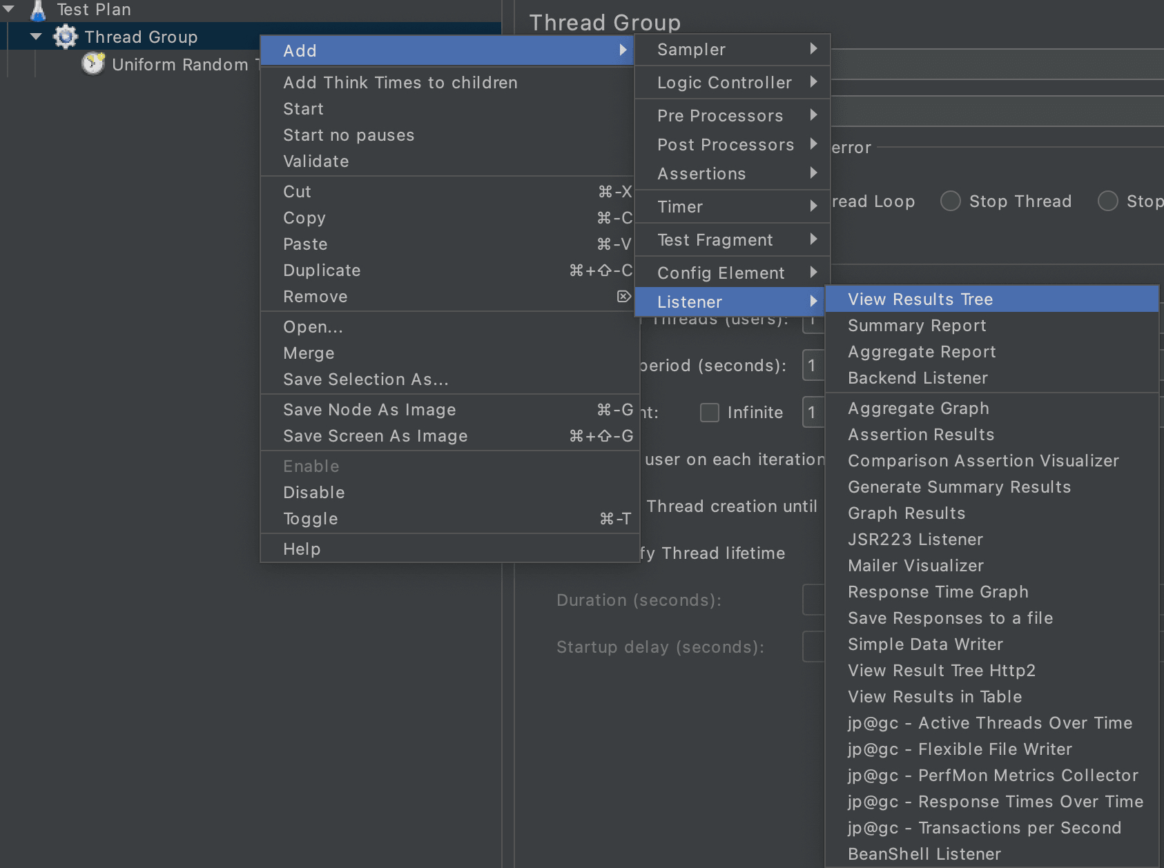 A three-tiered drop-down menu shows a user clicking on Add, then Listener, then View Results Tree