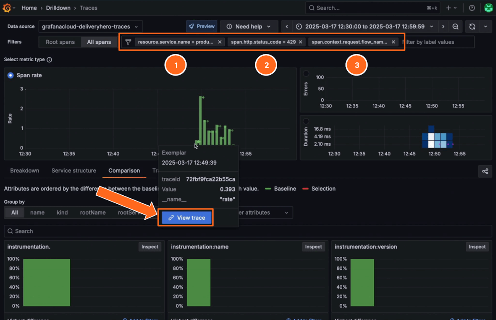 Filters applied in Traces Drilldown UI