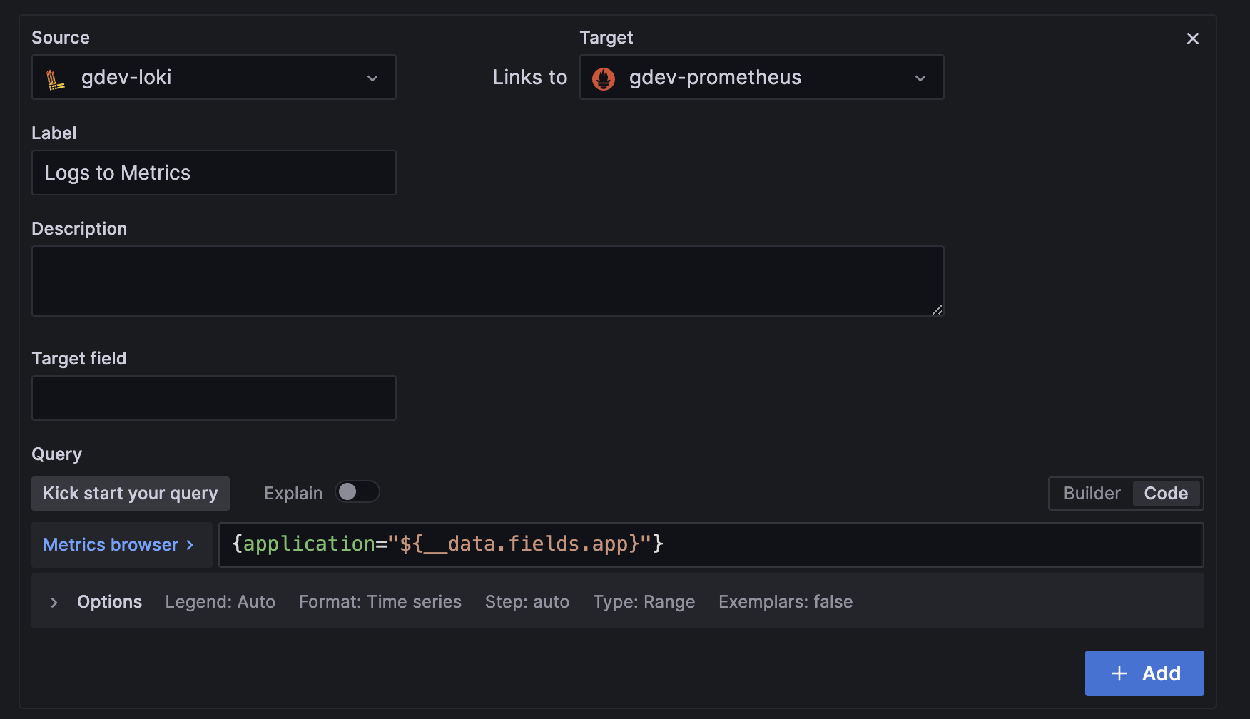 Screenshot of correlations feature in the Grafana UI.