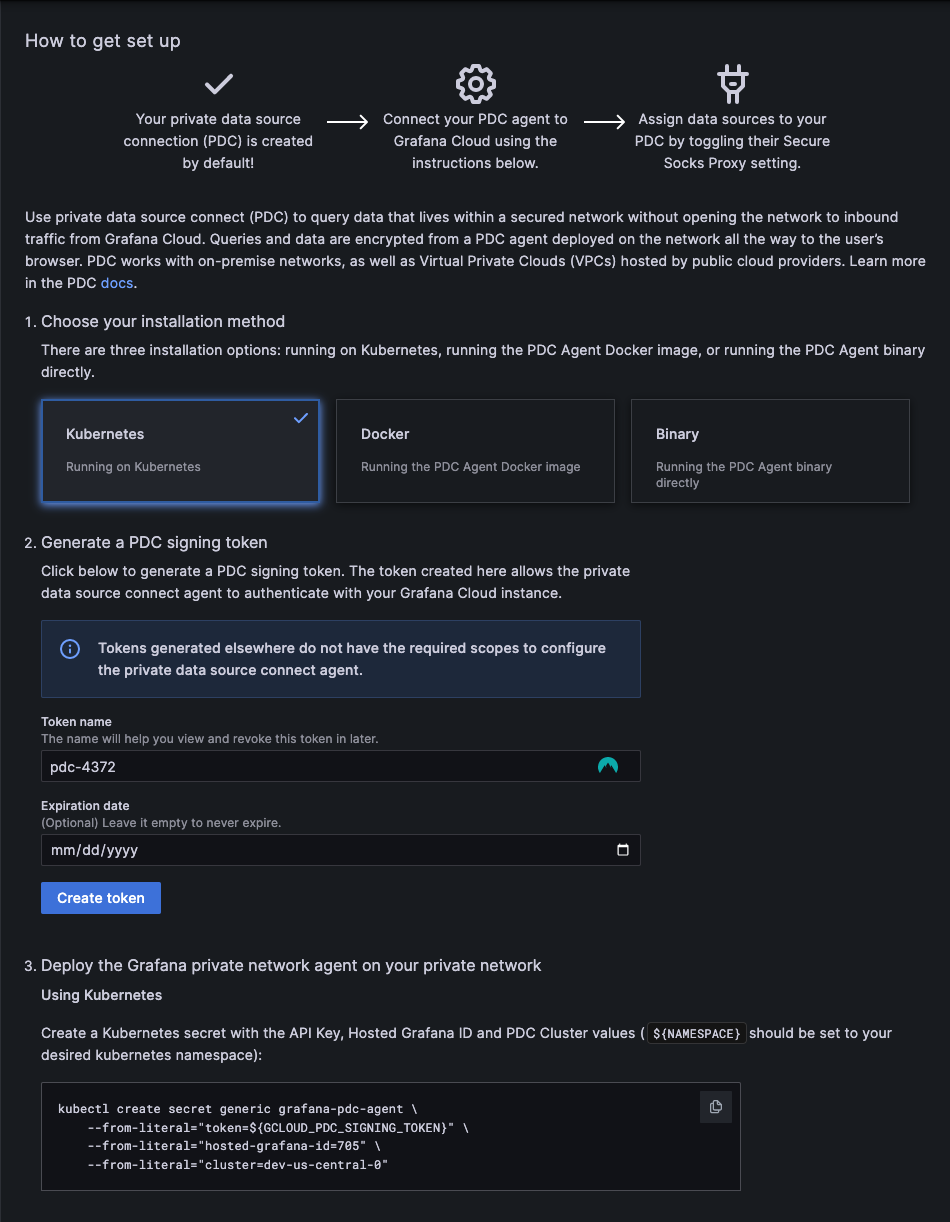 *Establish an encrypted tunnel from your own network to Grafana Cloud, so that you can monitor and alert on network-secured data.* Screenshot of private data source connect UI in Grafana 10.