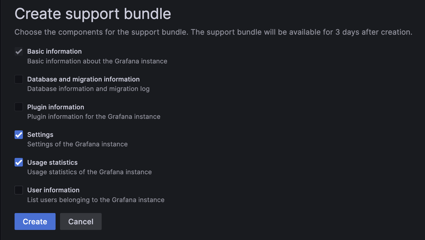 Screenshot of UI for how to create new support bundle in Grafana