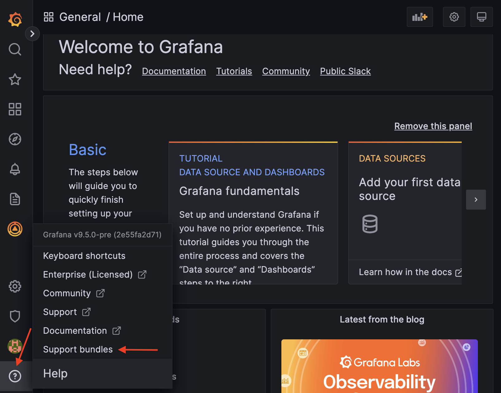 *Look for the **Help** icon on the Grafana homepage to find support bundles.* Screenshot of where to find support bundles in Grafana