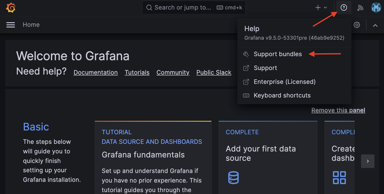 *In the upgraded navigation available in Grafana 9.5, the **Help** icon is on the upper right-hand corner on the Grafana homepage.* Screenshot of where to find support bundles in new Grafana navigation.
