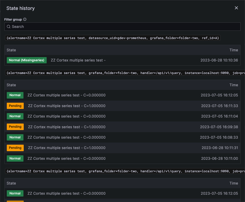 Screenshot of Grafana alert state history UI in Grafana 9.