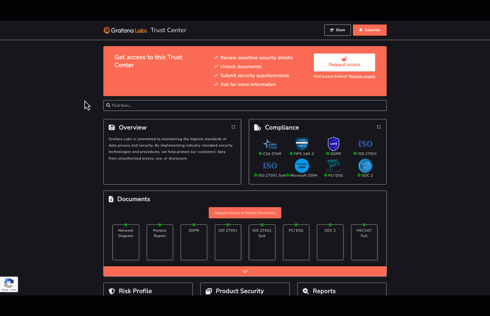 A gif showing the Grafana Labs Trust Center.