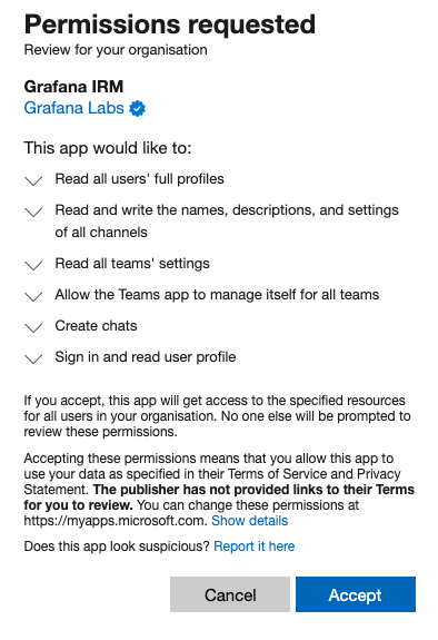 Screenshot of permissions UI for Grafana IRM chatbot when configuring MS Teams