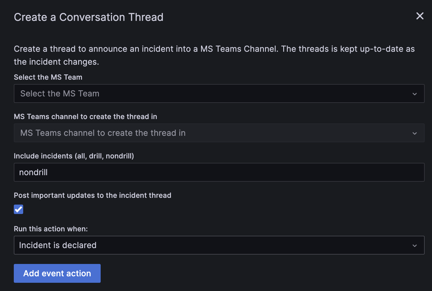 Screenshot of configuration page for MS Teams in Grafana Incident.