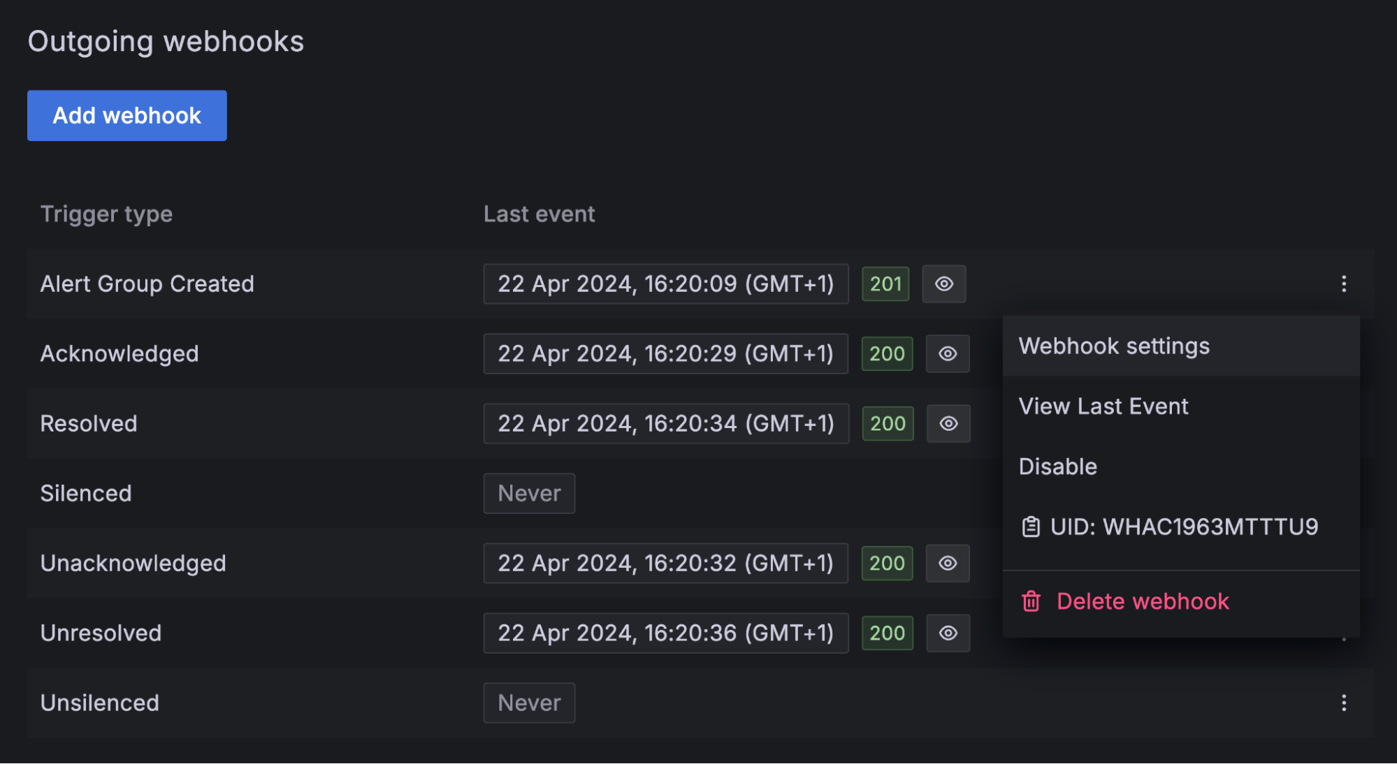 Outgoing webhook menu