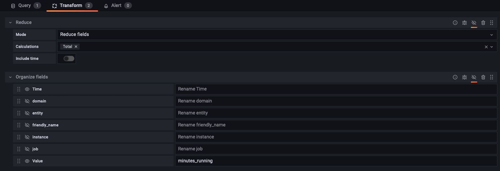 A screenshot of the Transform window in Grafana.