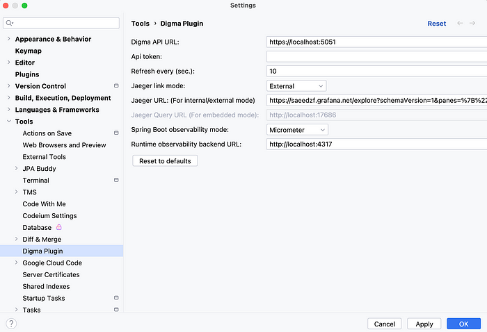 Digma plugin entry form