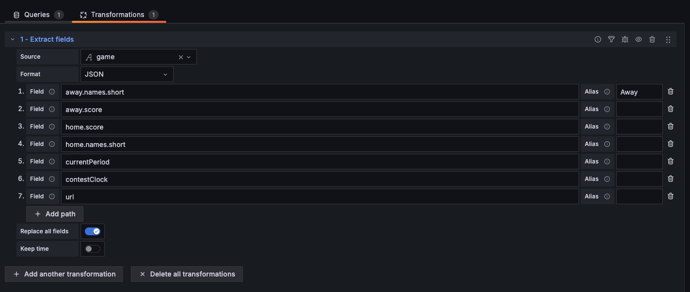 Transformation fields in Grafana