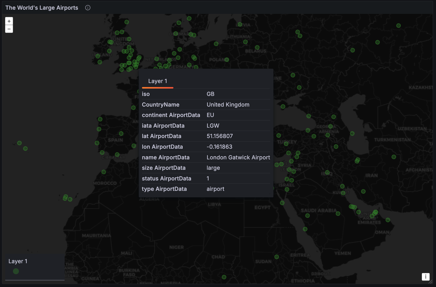 A screenshot of a geomap showing airports.