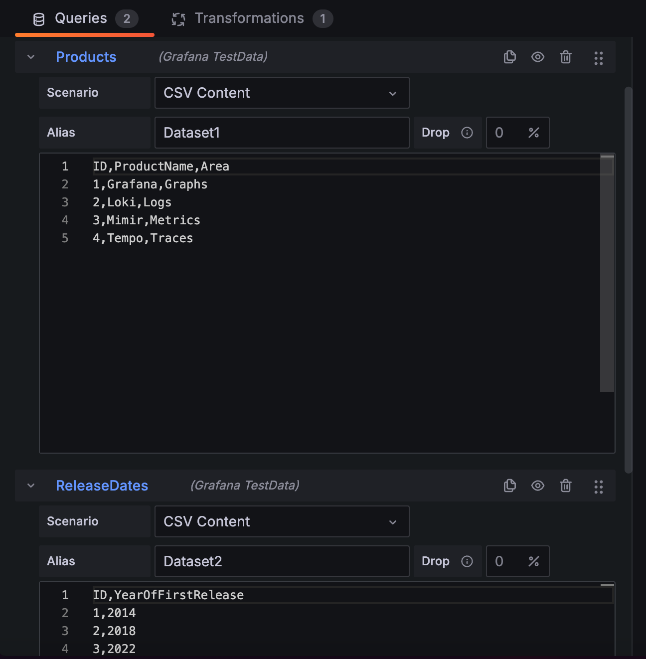 A screenshot of defining two different CSV data sets.