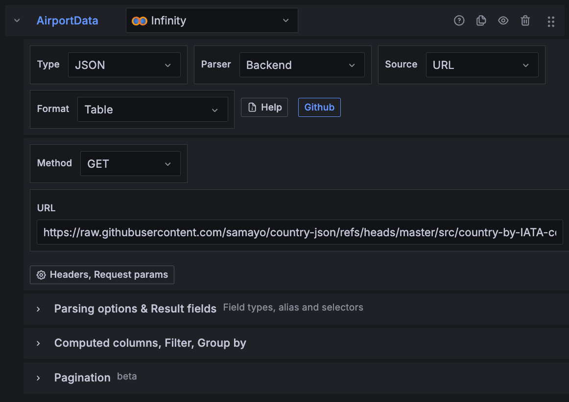 A screenshot of another query using the Infinity data source plugin.