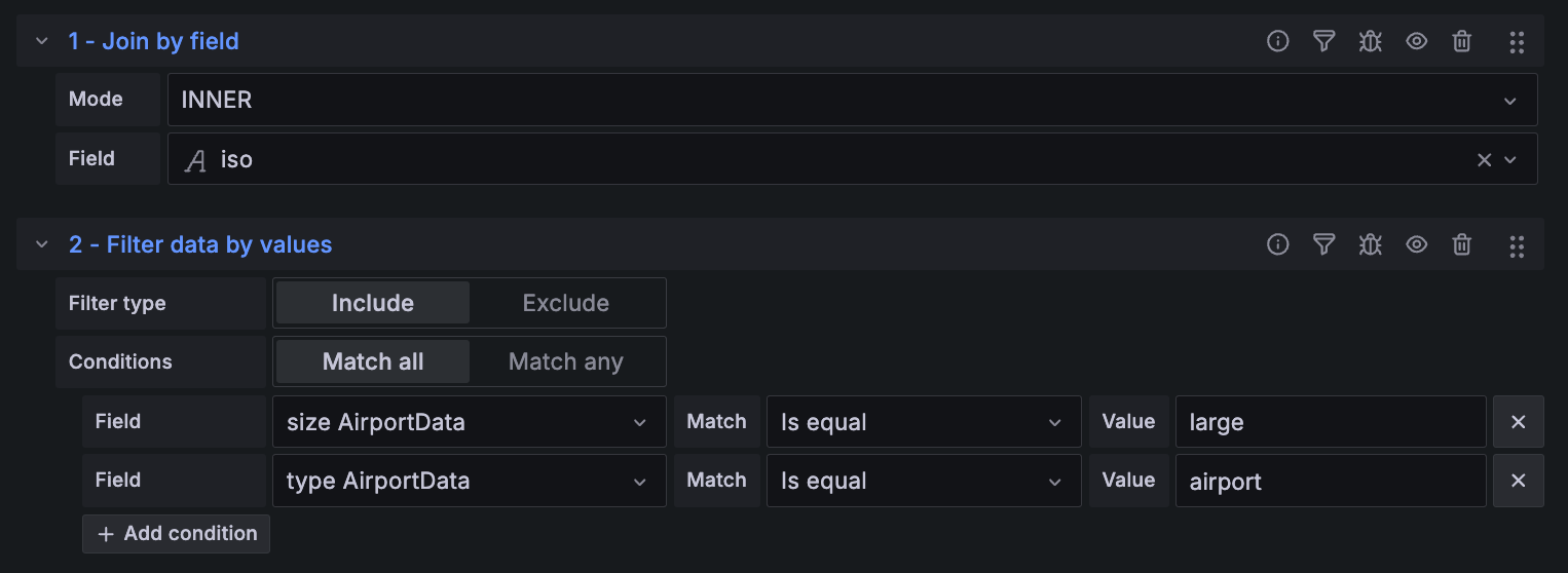 A screenshot of another Join by field transformation.