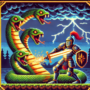 An image of a knight fighting a hydra.