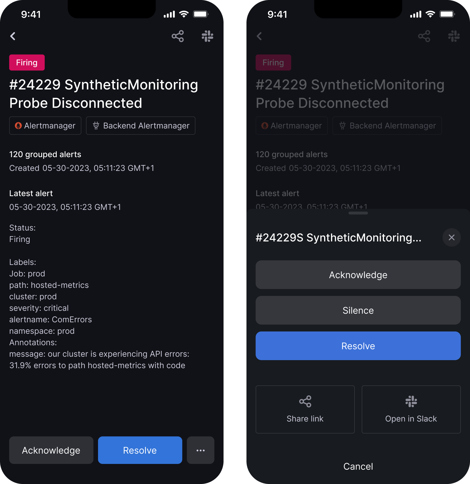 Two screenshots showing how to resolve an alert group in the Grafana OnCall mobile app.
