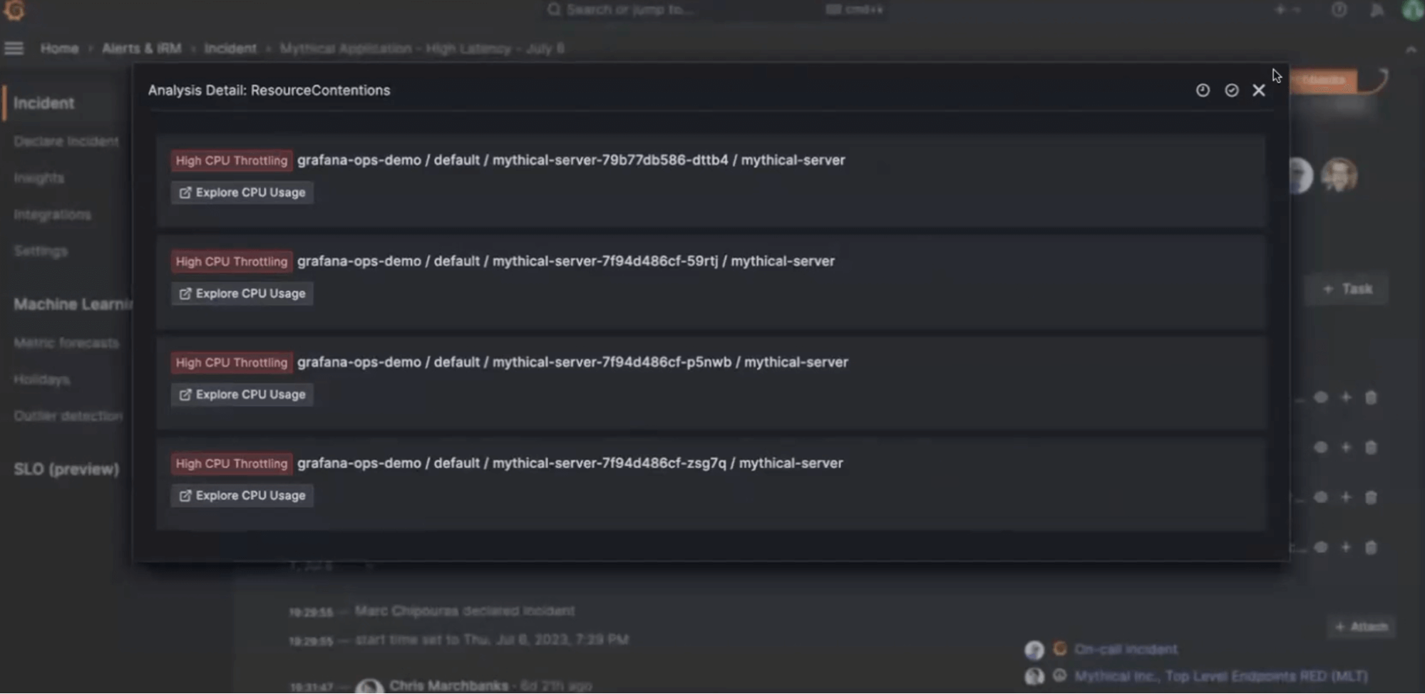 A screenshot from Grafana Cloud shows a list of resource cententions flagged by Sift.