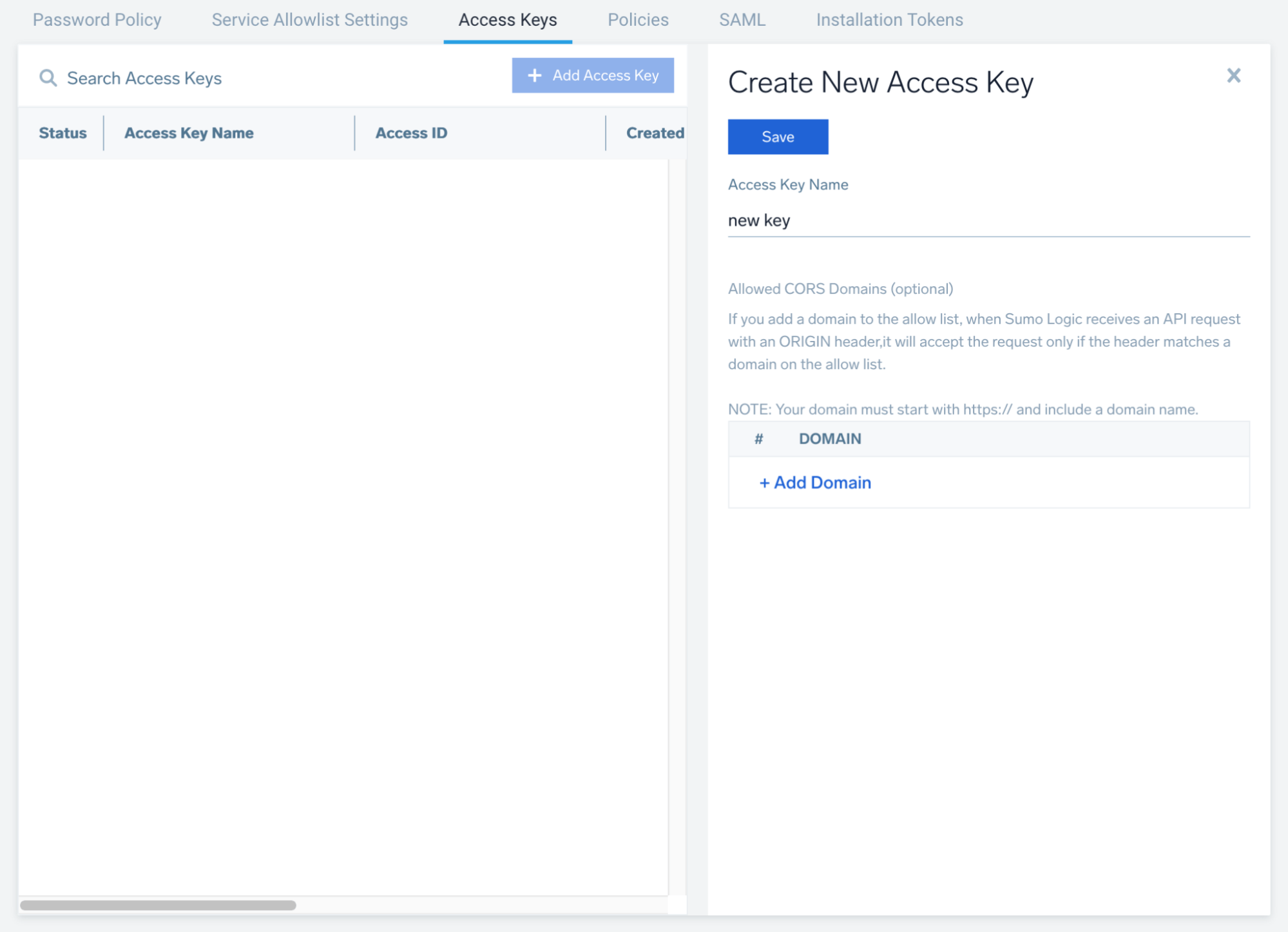 UI for creating access key in Sumo Logic for Grafana Enterprise plugin
