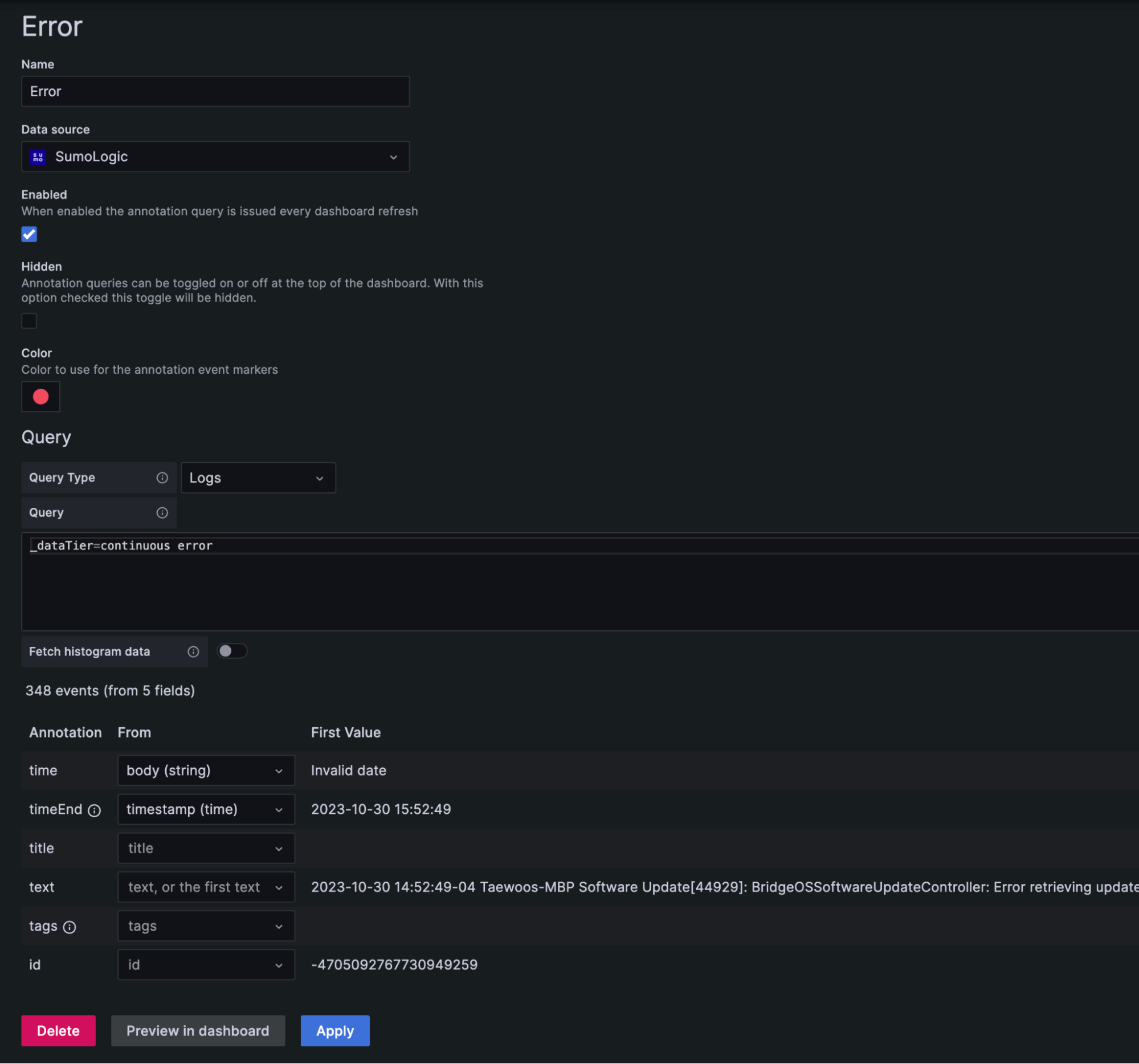 Grafana UI showing how to fetch error data from Sumo Logic