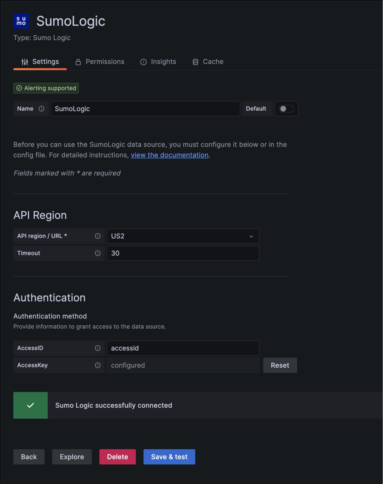 Grafana UI showing SumoLogic was successfully connected