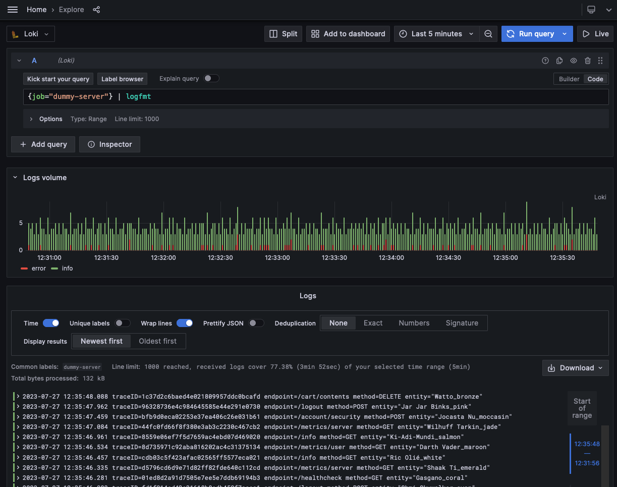 Logs in Explore A screenshot of the Explore page in Grafana