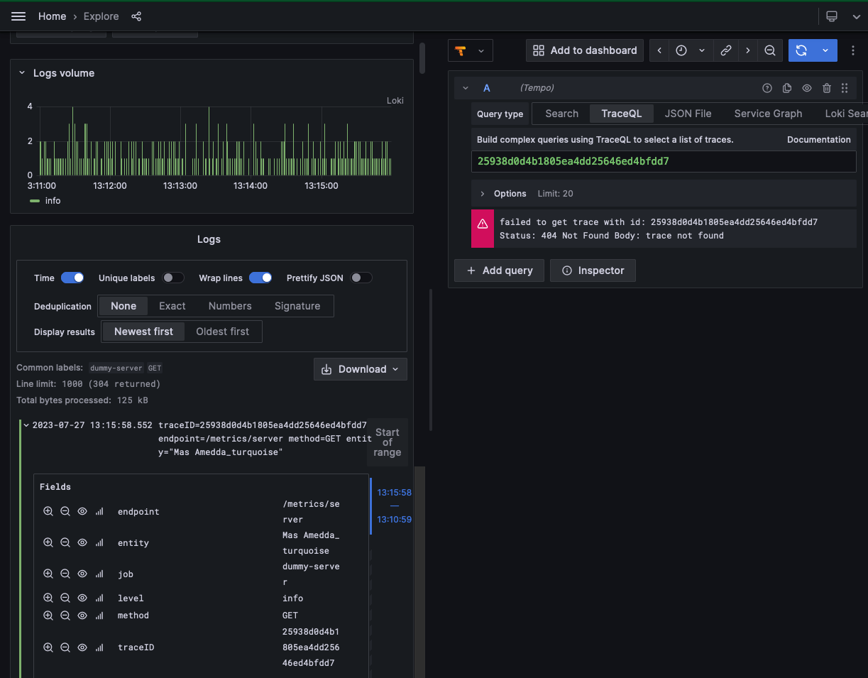 Finding traces using LogQL A screenshot of traces for a health check