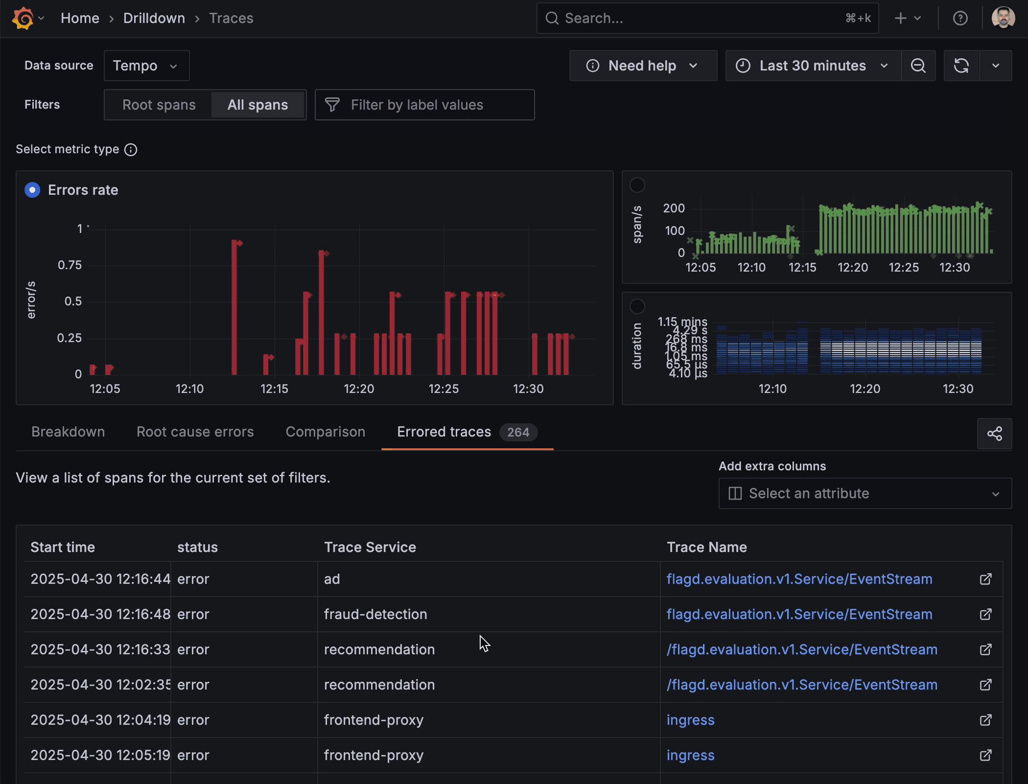 A GIF showing how to use exemplars in Traces Drilldown.
