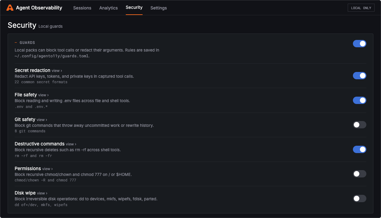 Local app Security page listing local guard packs for secrets, files, git, destructive commands, permissions, and disk wipes