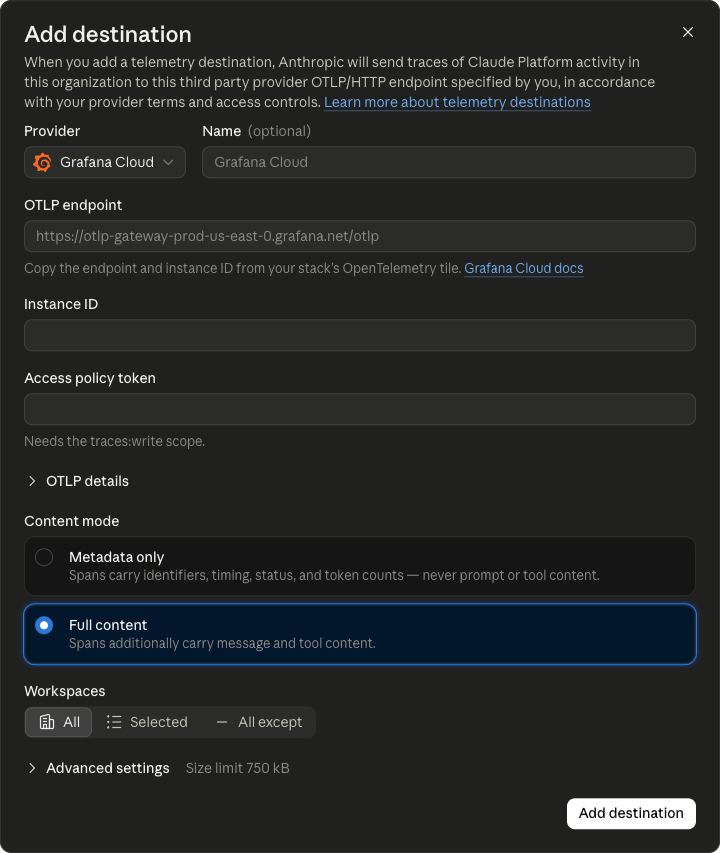 The Add destination dialog in the Claude Console with Grafana Cloud selected as the provider