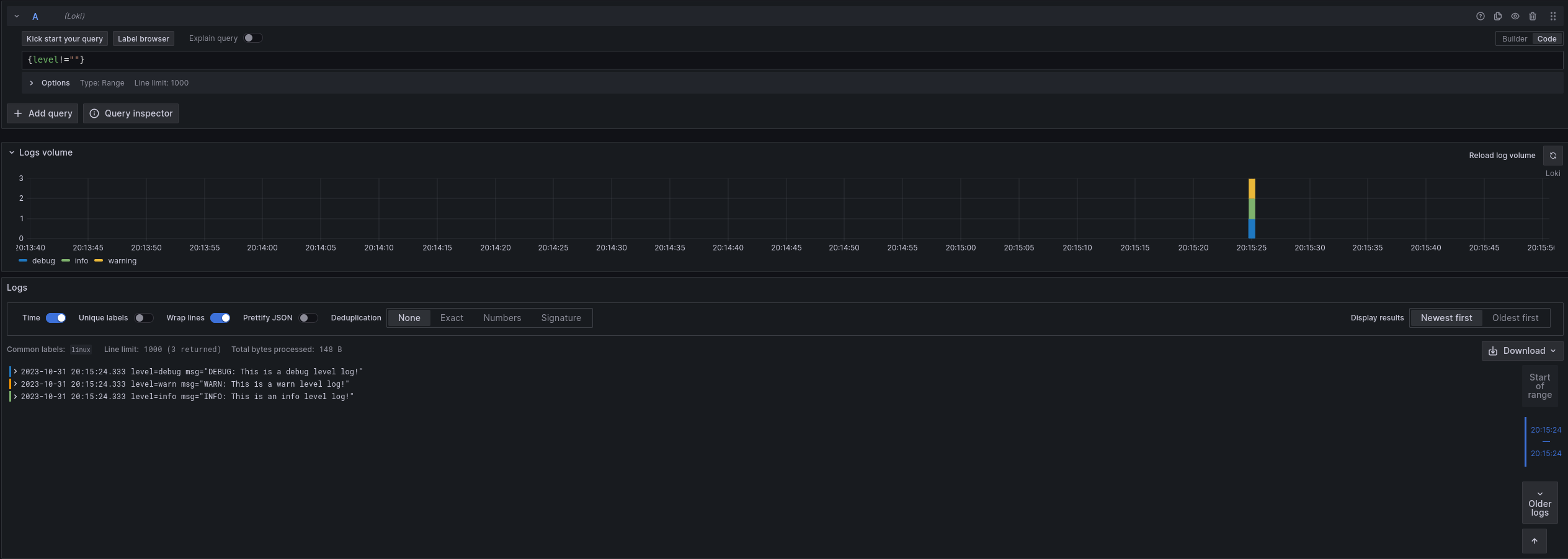 Grafana Explore view of example log lines, now with the extracted ’level’ label