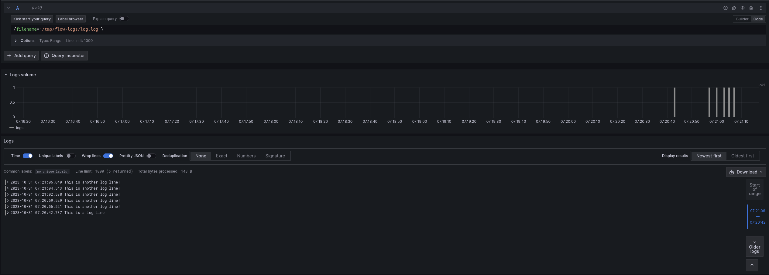 Grafana Explore view of example log lines