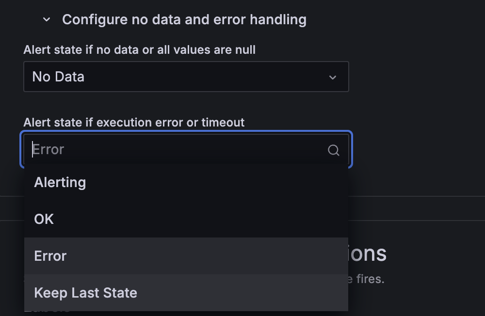A screenshot of the `Configure no data and error handling` option in Grafana Alerting.