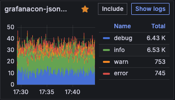 Show Logs button JSON Table viewer with selector and include exclude highlighted