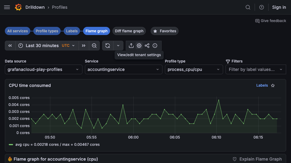 Access tenant settings from the Profiles toolbar