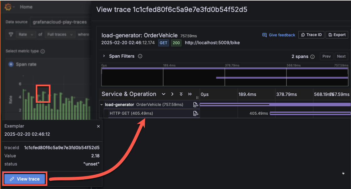 Selecting View trace reveals a slide-out panel with the full trace information.