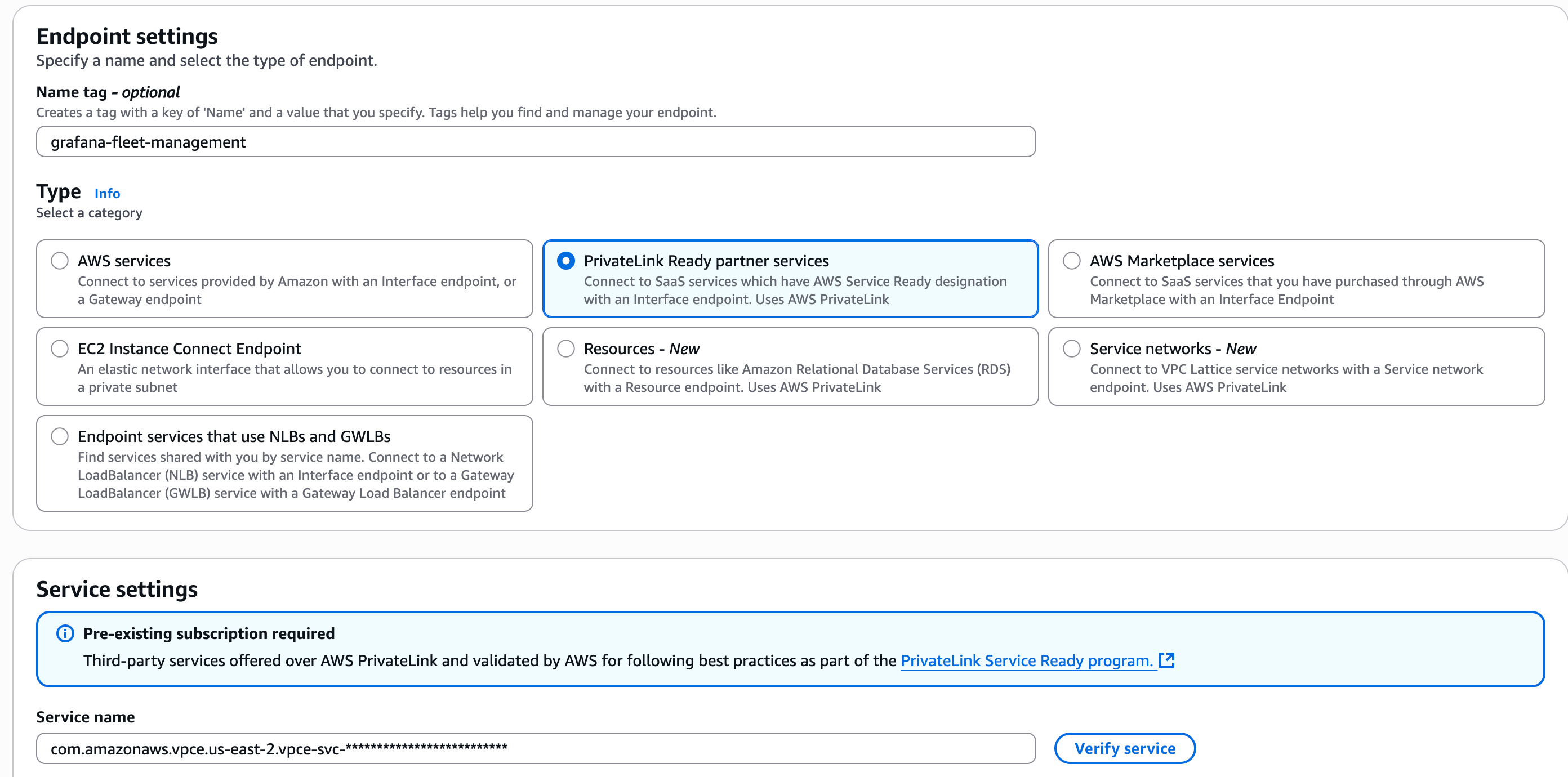 Set the endpoint and service settings Set the endpoint and service settings