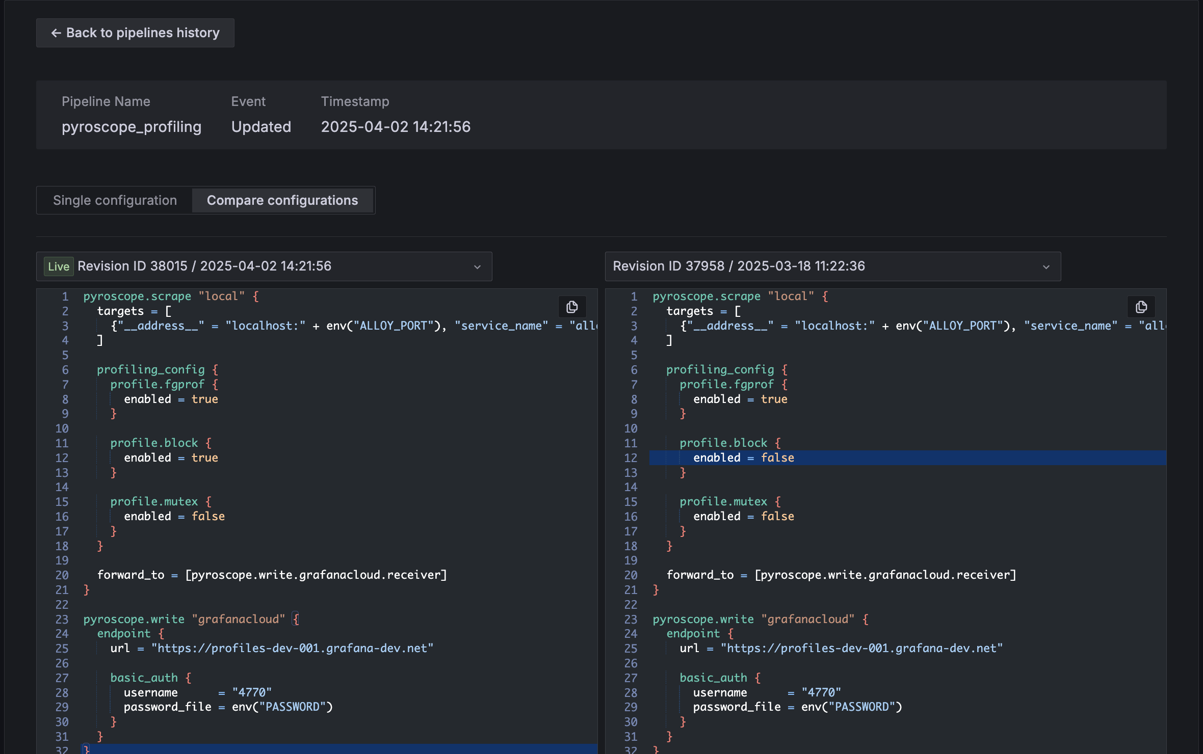 <A screen in Fleet Management showing a comparison of two versions of a profiling configuration pipeline.>