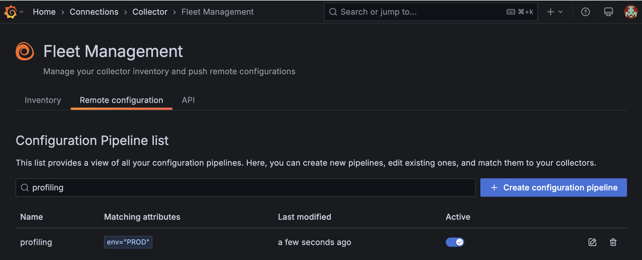 The Remote configuration screen in the Fleet Management interface in Grafana Cloud which shows that a new configuration pipeline called `profiling` is active and was last modified a few seconds ago.