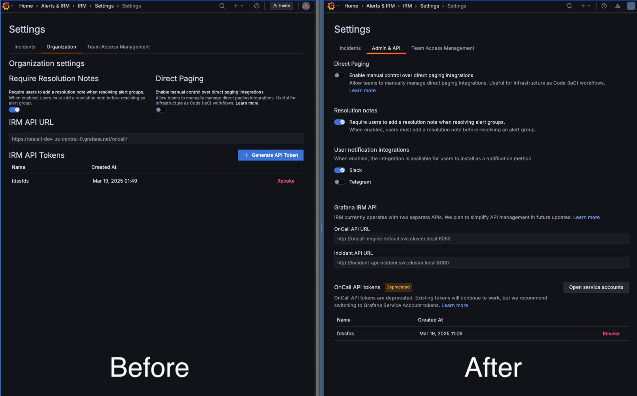 Before and after image showing the difference in the IRM settings page